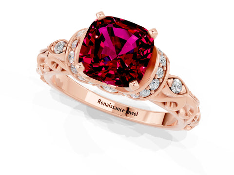 Rose gold Cushion Cut Garnet Solitaire Ring with Filigree Band and Four-Prong Setting_25