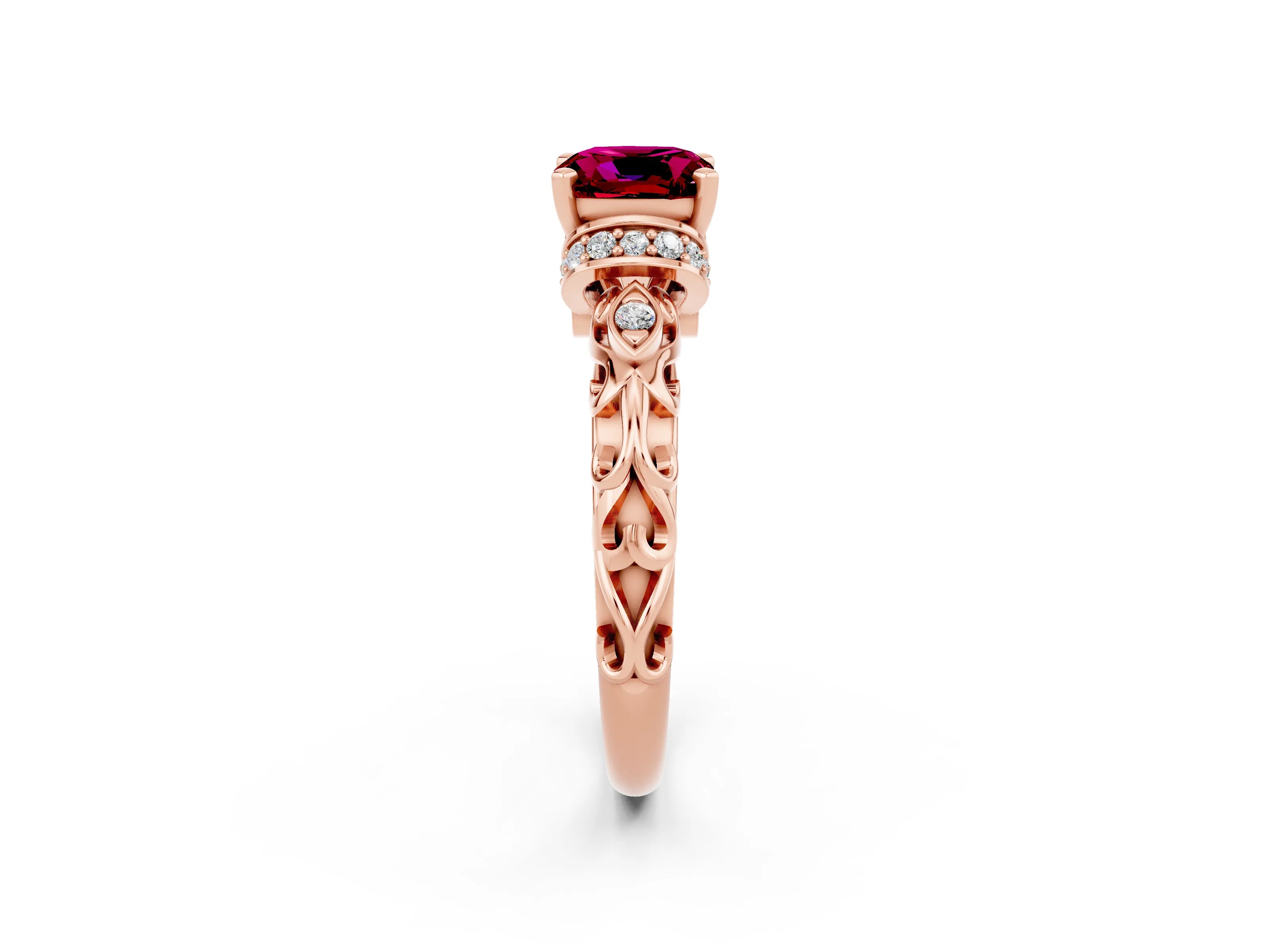 Rose gold Cushion Cut Garnet Solitaire Ring with Filigree Band and Four-Prong Setting_26