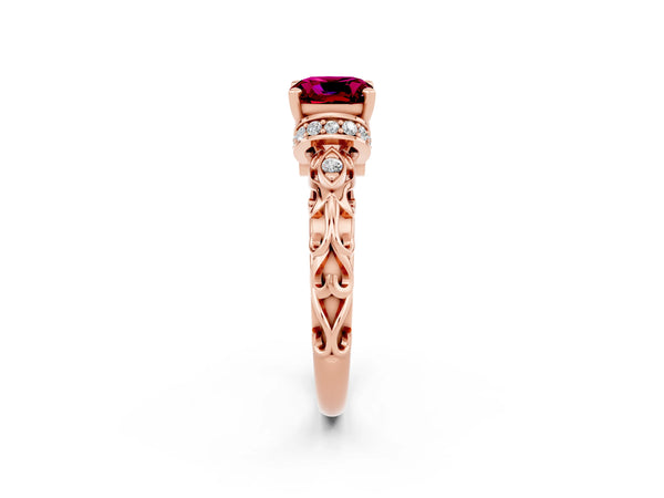 Rose gold Cushion Cut Garnet Solitaire Ring with Filigree Band and Four-Prong Setting