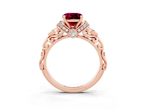 Rose gold Cushion Cut Garnet Solitaire Ring with Filigree Band and Four-Prong Setting