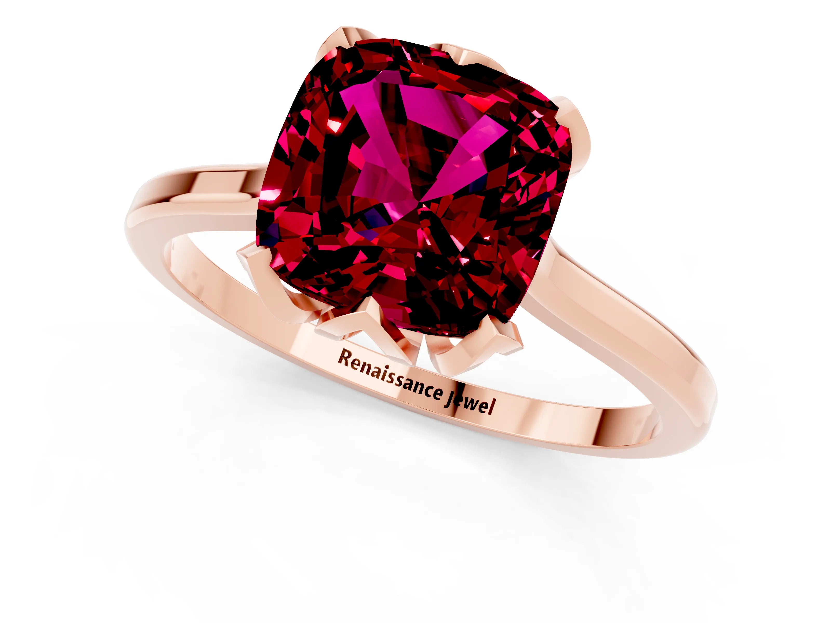 Rose gold Cushion Cut Garnet Solitaire Ring with Flower Prong Setting and Classic Band_13