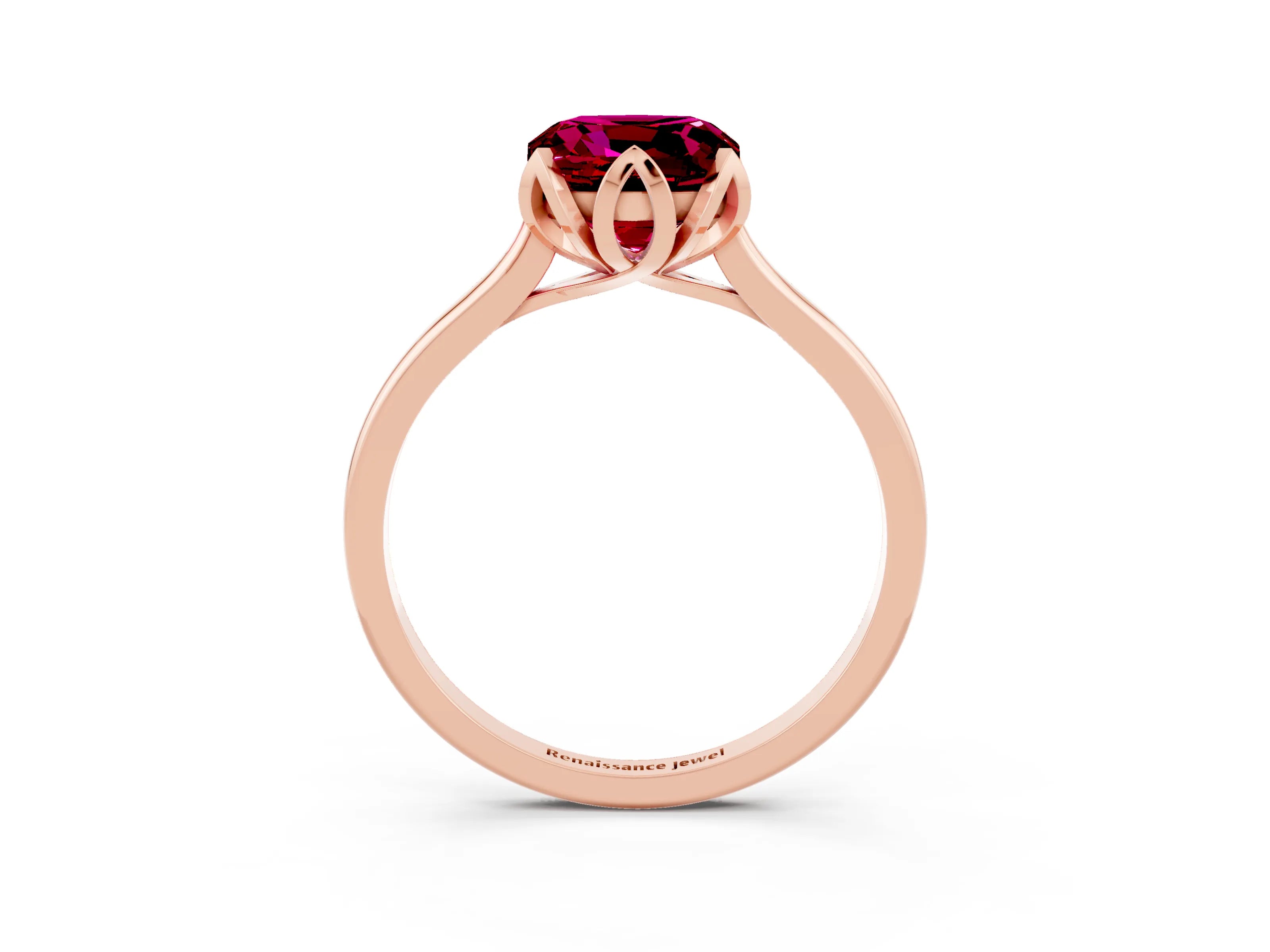 Rose gold Cushion Cut Garnet Solitaire Ring with Flower Prong Setting and Classic Band_15
