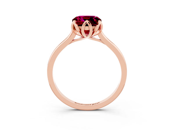Rose gold Cushion Cut Garnet Solitaire Ring with Flower Prong Setting and Classic Band