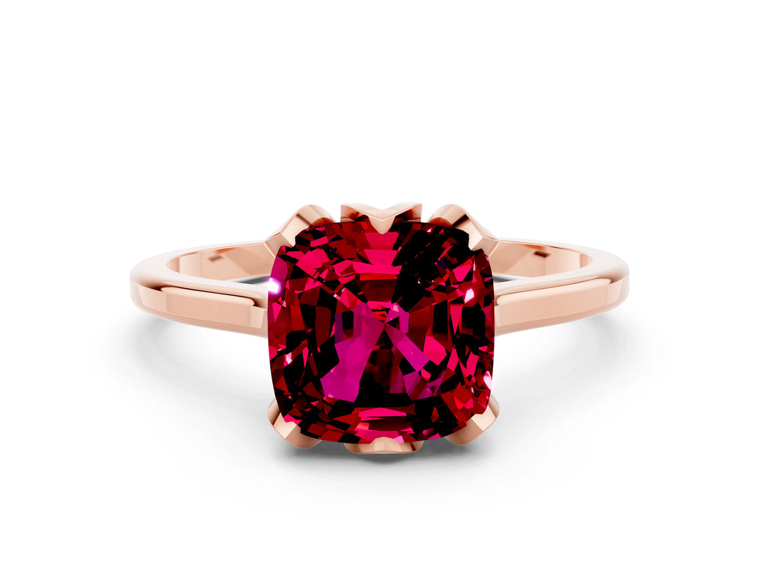 Rose gold Cushion Cut Garnet Solitaire Ring with Flower Prong Setting and Classic Band_36