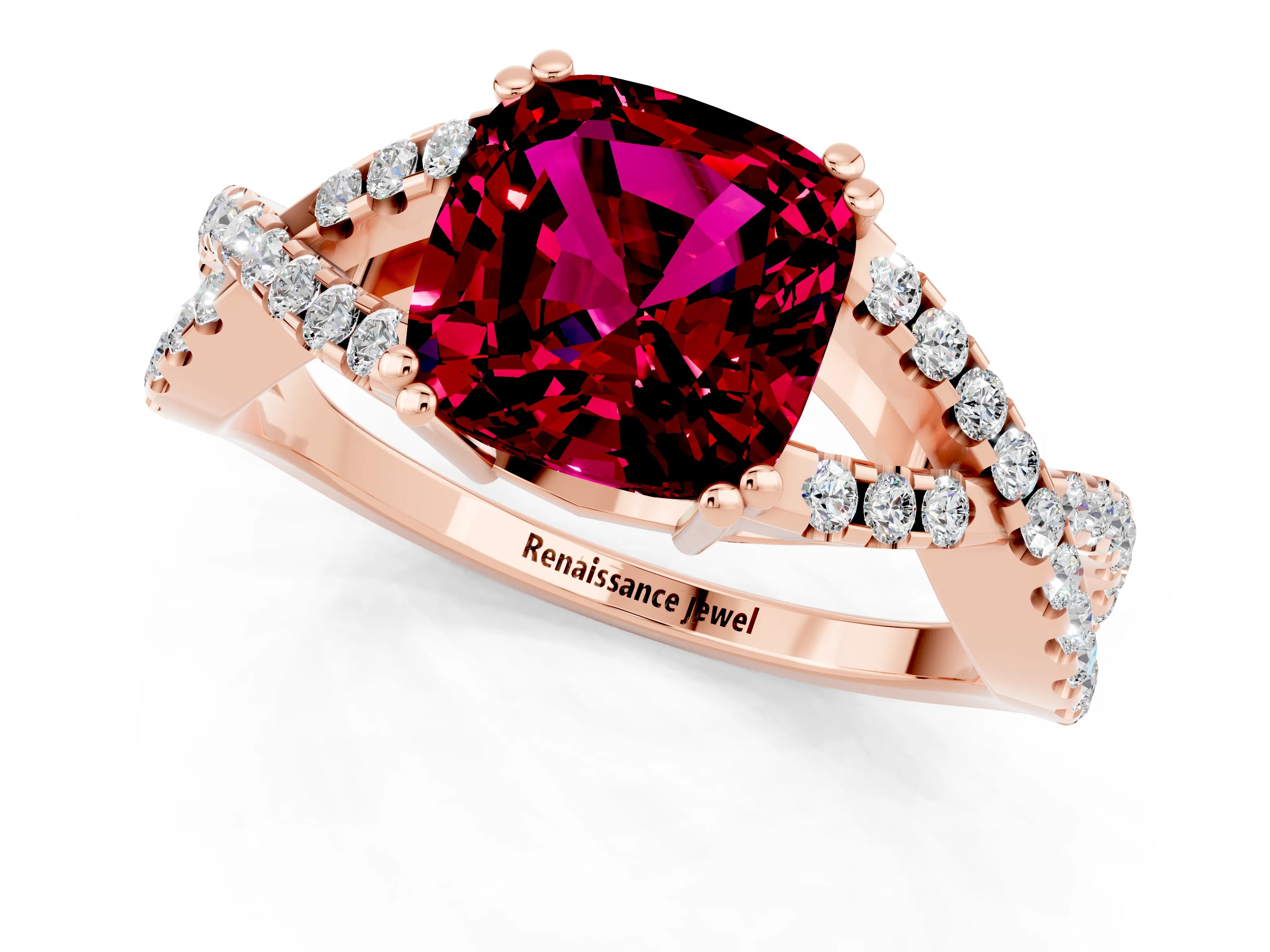Rose gold Cushion Cut Garnet Solitaire Ring with Four-Prong Setting and Twisted Pavé Band_1
