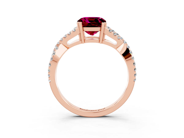 Rose gold Cushion Cut Garnet Solitaire Ring with Four-Prong Setting and Twisted Pavé Band