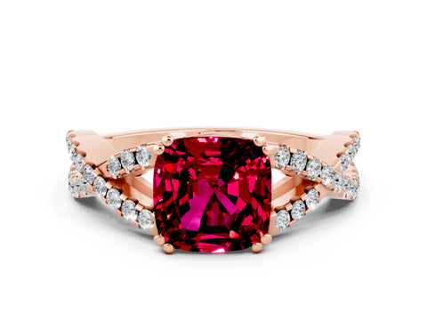 Rose gold Cushion Cut Garnet Solitaire Ring with Four-Prong Setting and Twisted Pavé Band