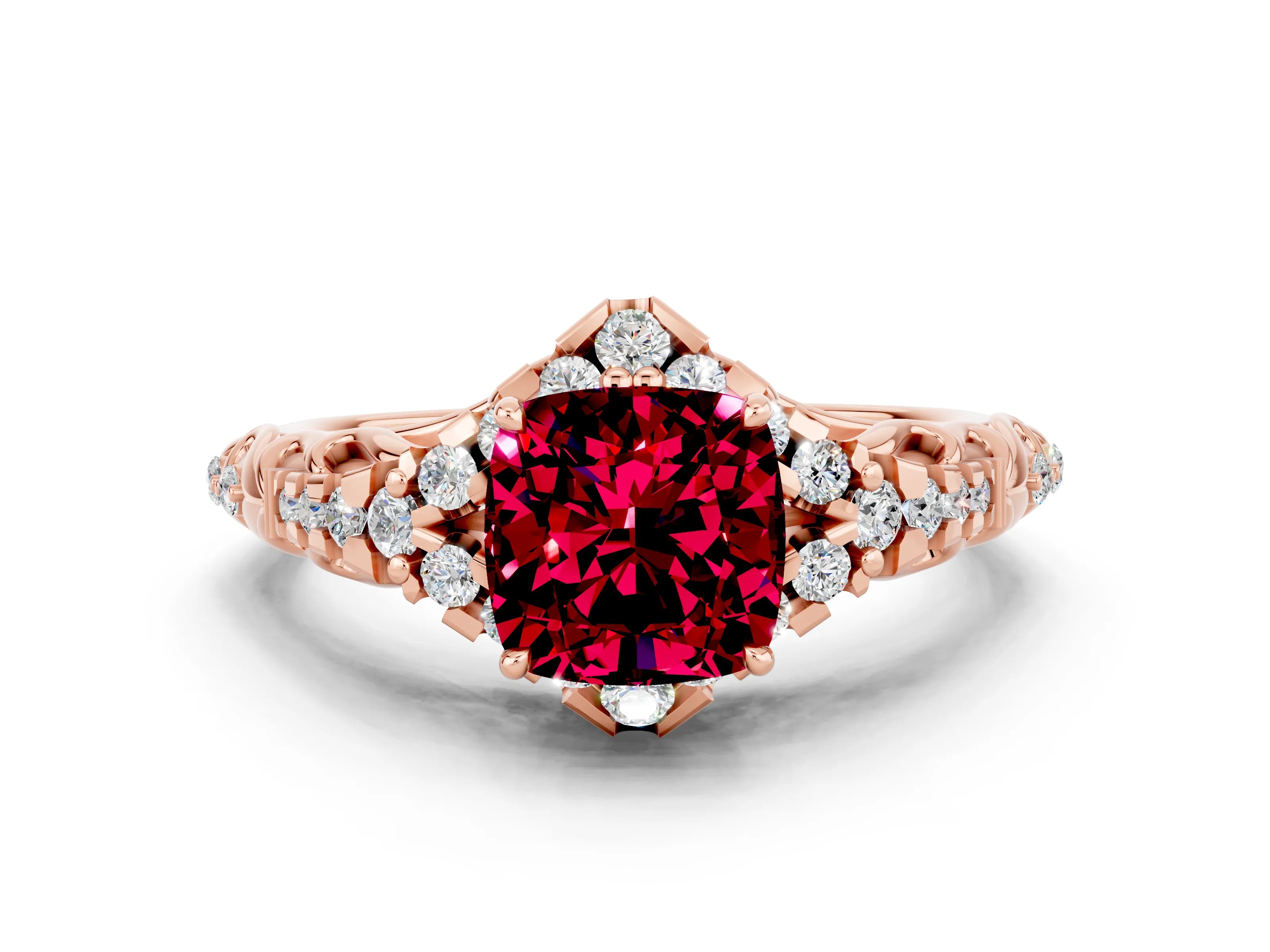 Rose gold Cushion Cut Garnet Solitaire Ring with Hidden Halo and Pavé Band_12