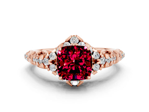 Rose gold Cushion Cut Garnet Solitaire Ring with Hidden Halo and Pavé Band_12