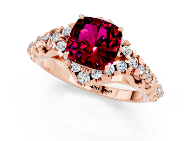 Rose gold Cushion Cut Garnet Solitaire Ring with Hidden Halo and Pavé Band