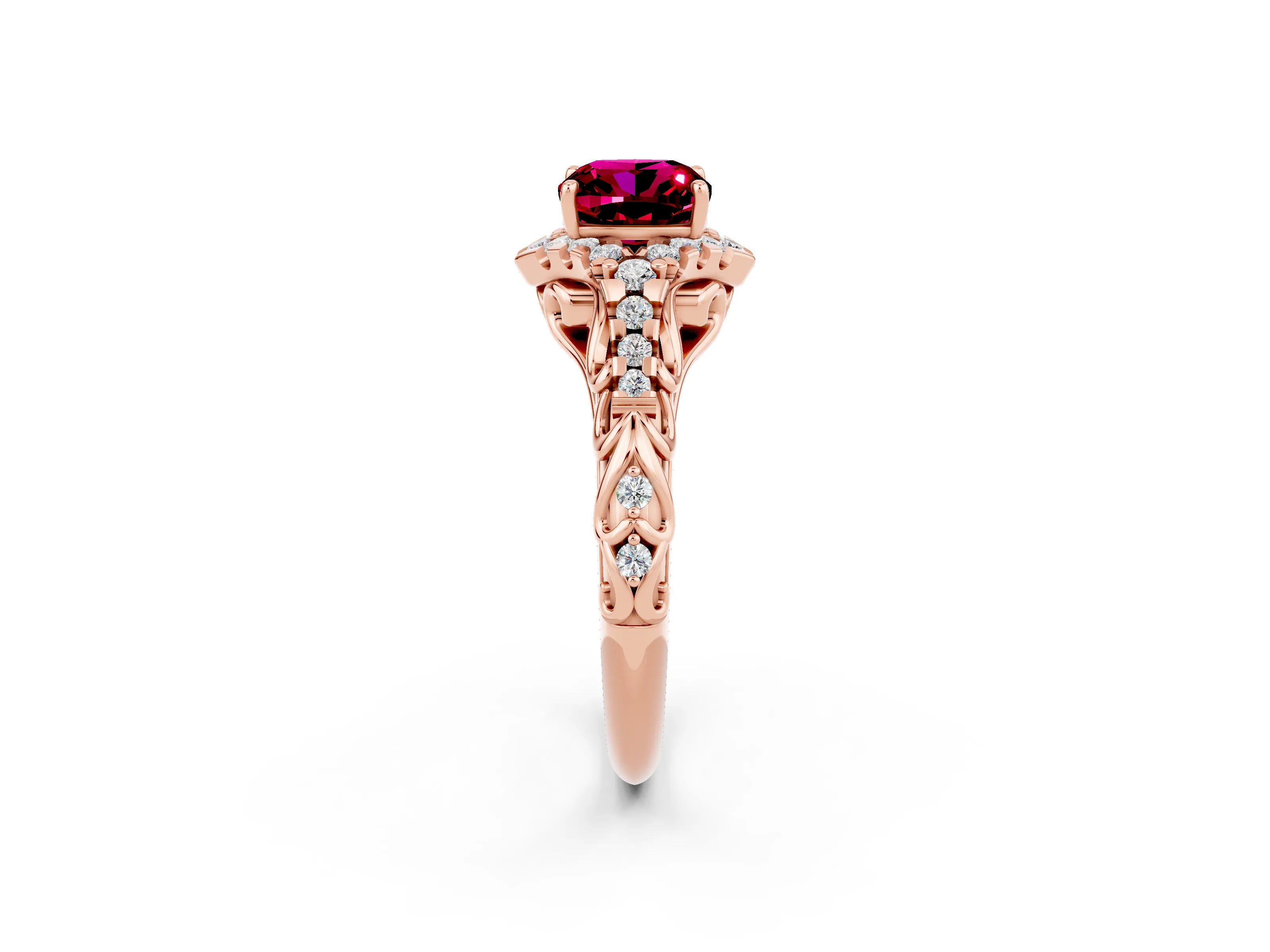 Rose gold Cushion Cut Garnet Solitaire Ring with Hidden Halo and Pavé Band_14