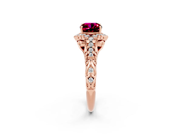 Rose gold Cushion Cut Garnet Solitaire Ring with Hidden Halo and Pavé Band