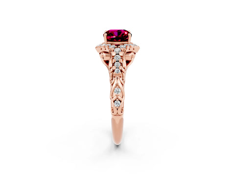 Rose gold Cushion Cut Garnet Solitaire Ring with Hidden Halo and Pavé Band_14