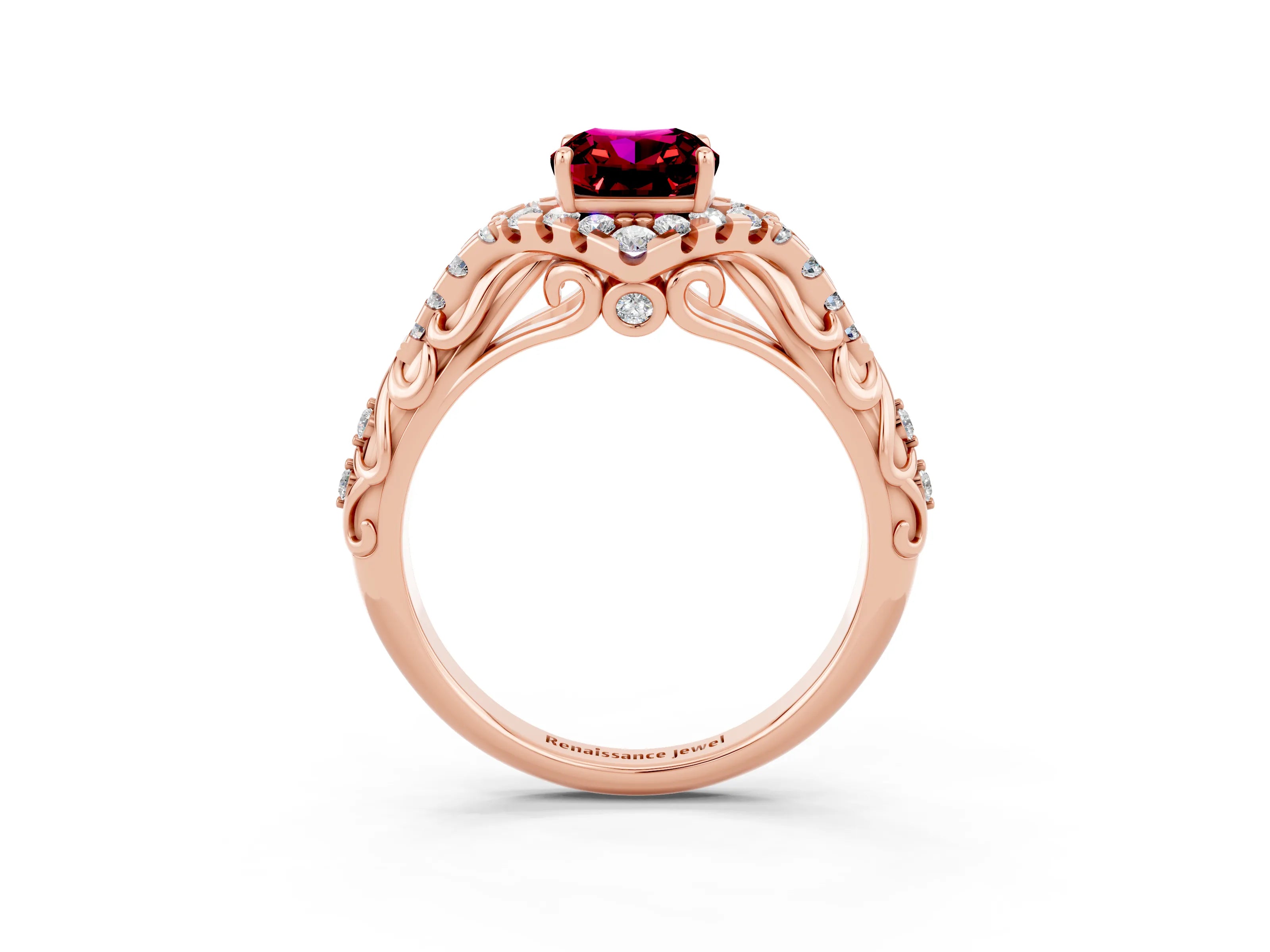 Rose gold Cushion Cut Garnet Solitaire Ring with Hidden Halo and Pavé Band_15