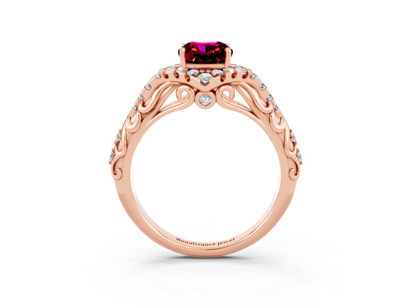 Rose gold Cushion Cut Garnet Solitaire Ring with Hidden Halo and Pavé Band