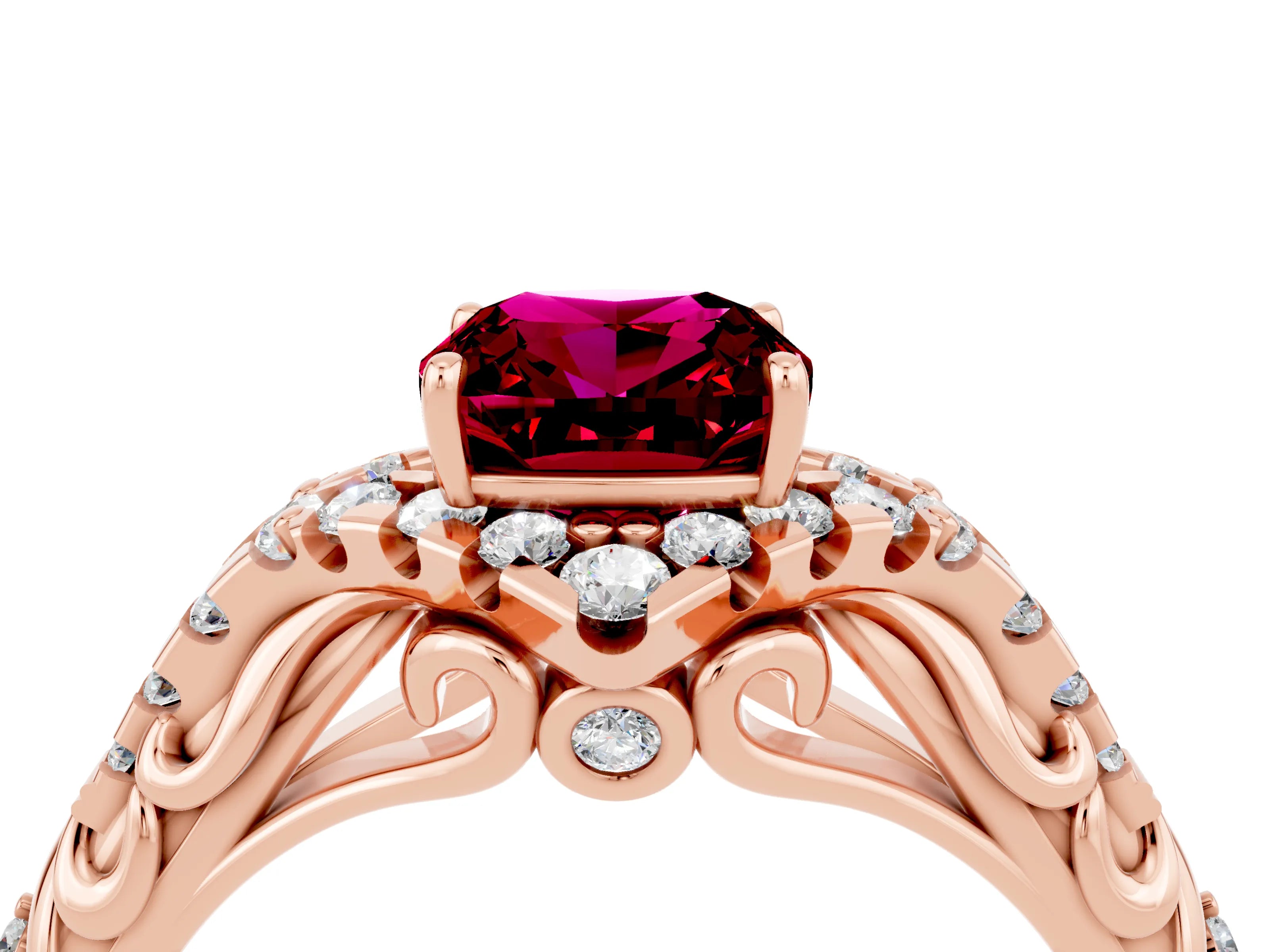 Rose gold Cushion Cut Garnet Solitaire Ring with Hidden Halo and Pavé Band_16