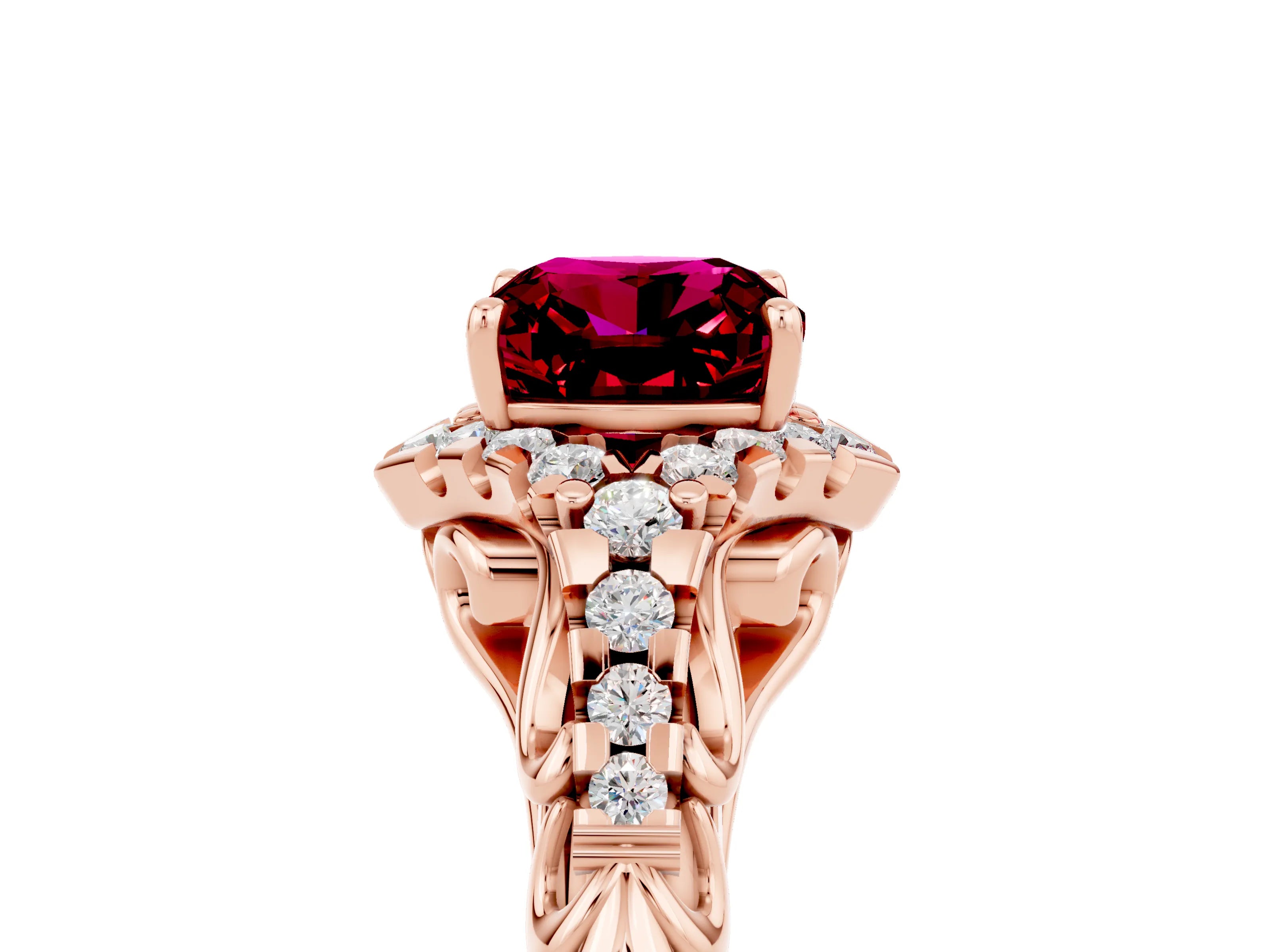 Rose gold Cushion Cut Garnet Solitaire Ring with Hidden Halo and Pavé Band_17