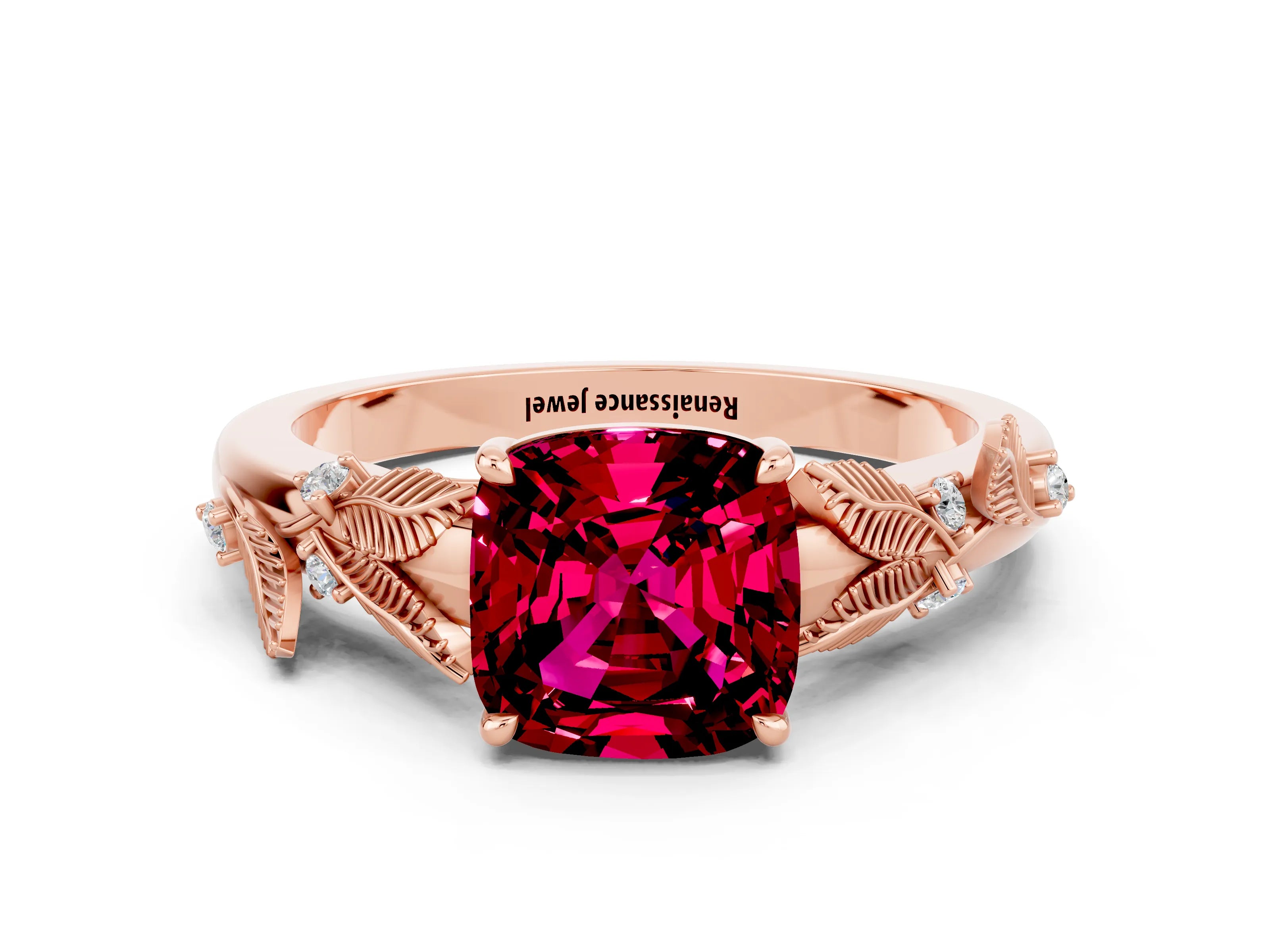 Rose gold Cushion Cut Garnet Solitaire Ring with Leaf Motif Band and Four-Prong Setting