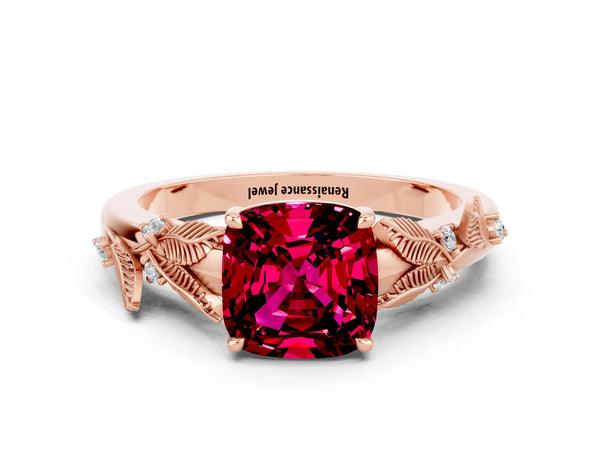 Rose gold Cushion Cut Garnet Solitaire Ring with Leaf Motif Band and Four-Prong Setting