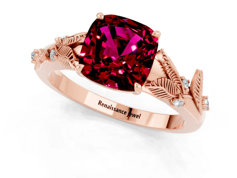 Rose gold Cushion Cut Garnet Solitaire Ring with Leaf Motif Band and Four-Prong Setting_1