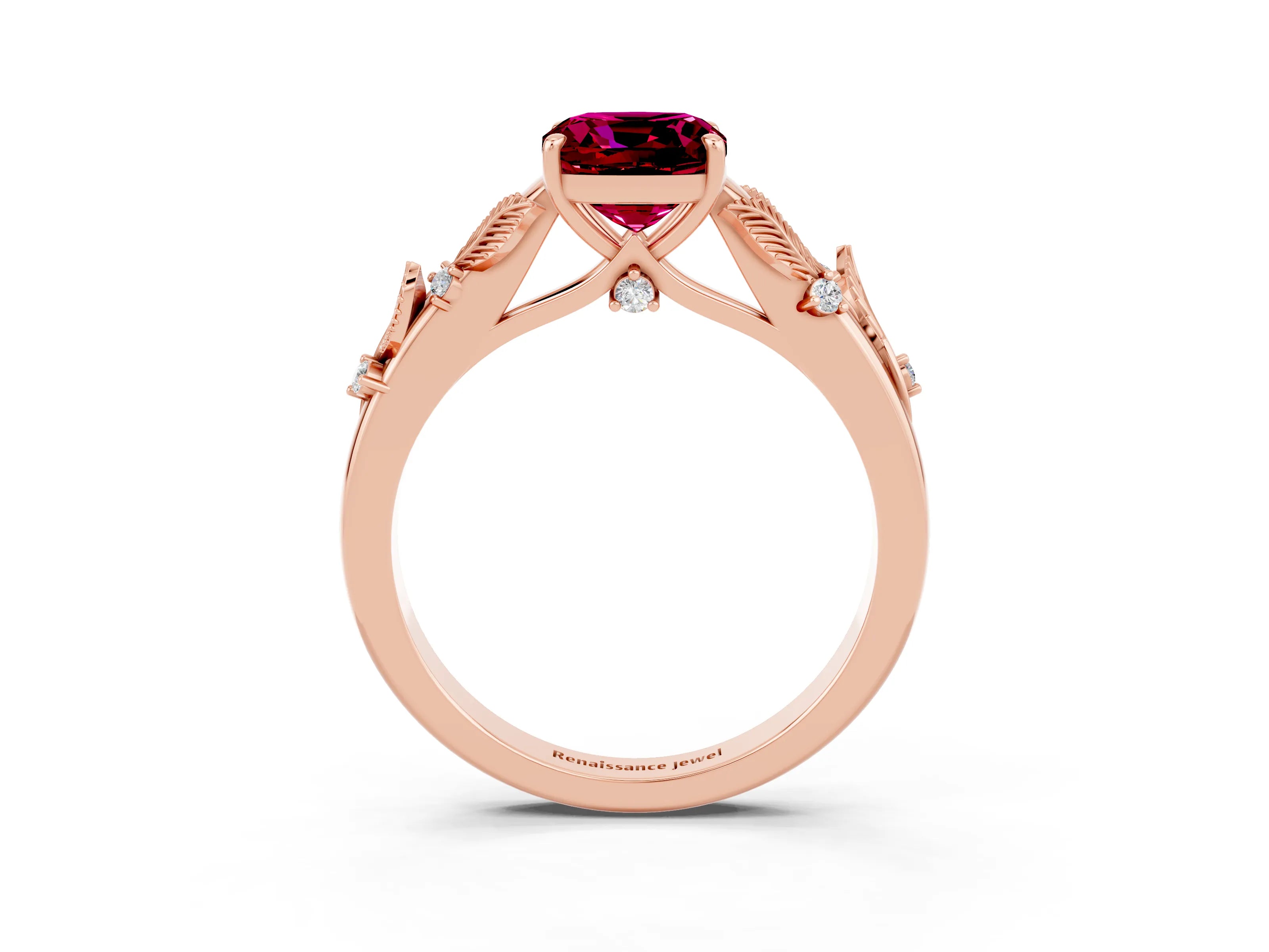 Rose gold Cushion Cut Garnet Solitaire Ring with Leaf Motif Band and Four-Prong Setting_3
