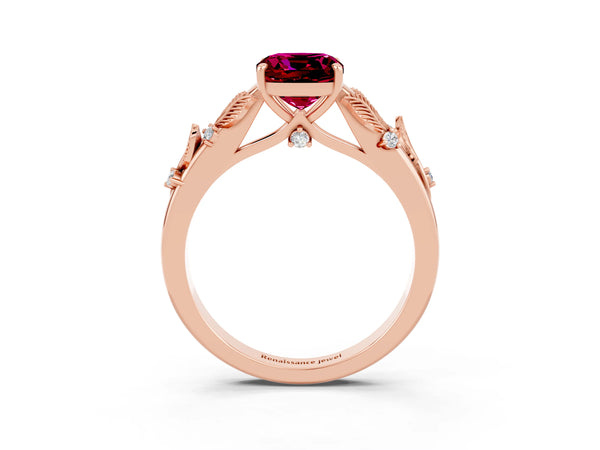 Rose gold Cushion Cut Garnet Solitaire Ring with Leaf Motif Band and Four-Prong Setting