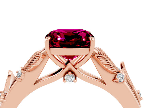 Rose gold Cushion Cut Garnet Solitaire Ring with Leaf Motif Band and Four-Prong Setting_4