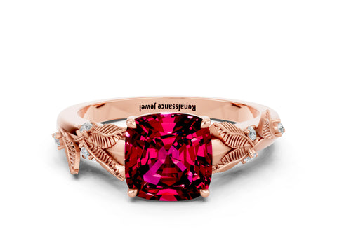 Rose gold Cushion Cut Garnet Solitaire Ring with Leaf Motif Band and Four-Prong Setting