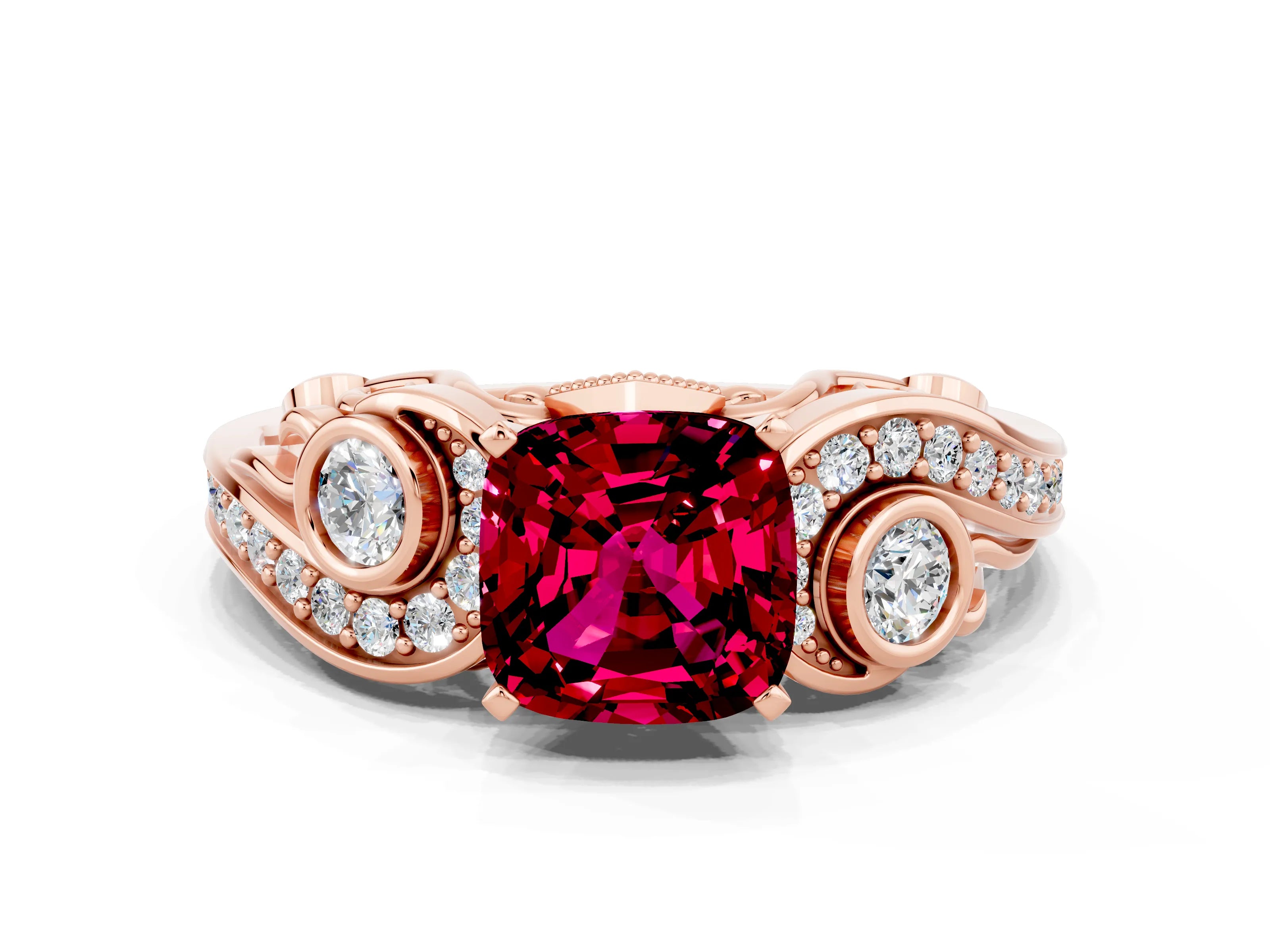 Rose gold Cushion Cut Garnet Solitaire Ring with Milgrain Pavé Band and Four-Prong Setting_24