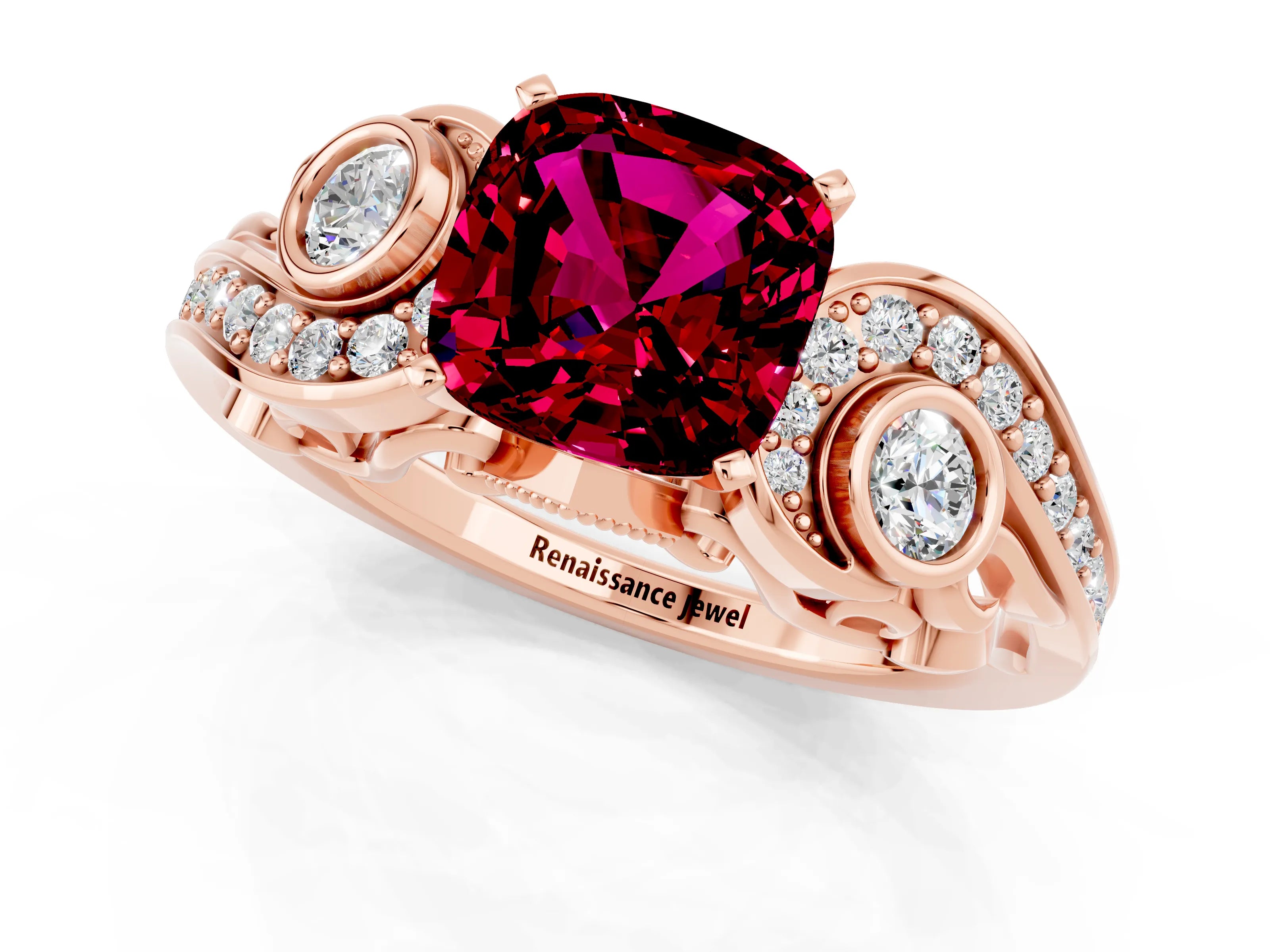 Rose gold Cushion Cut Garnet Solitaire Ring with Milgrain Pavé Band and Four-Prong Setting_25