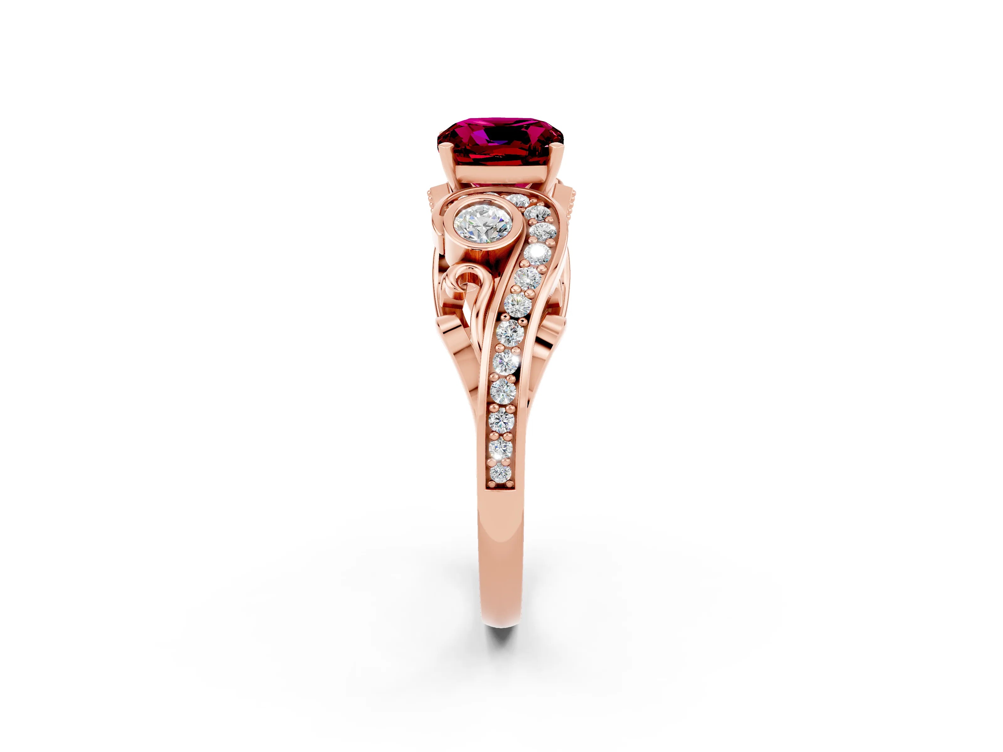 Rose gold Cushion Cut Garnet Solitaire Ring with Milgrain Pavé Band and Four-Prong Setting_26