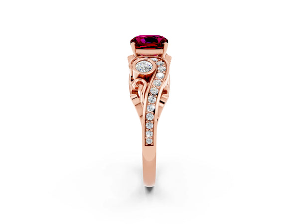 Rose gold Cushion Cut Garnet Solitaire Ring with Milgrain Pavé Band and Four-Prong Setting