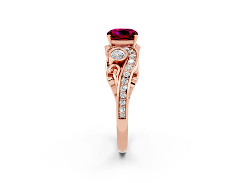 Rose gold Cushion Cut Garnet Solitaire Ring with Milgrain Pavé Band and Four-Prong Setting_26
