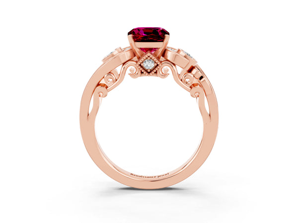 Rose gold Cushion Cut Garnet Solitaire Ring with Milgrain Pavé Band and Four-Prong Setting