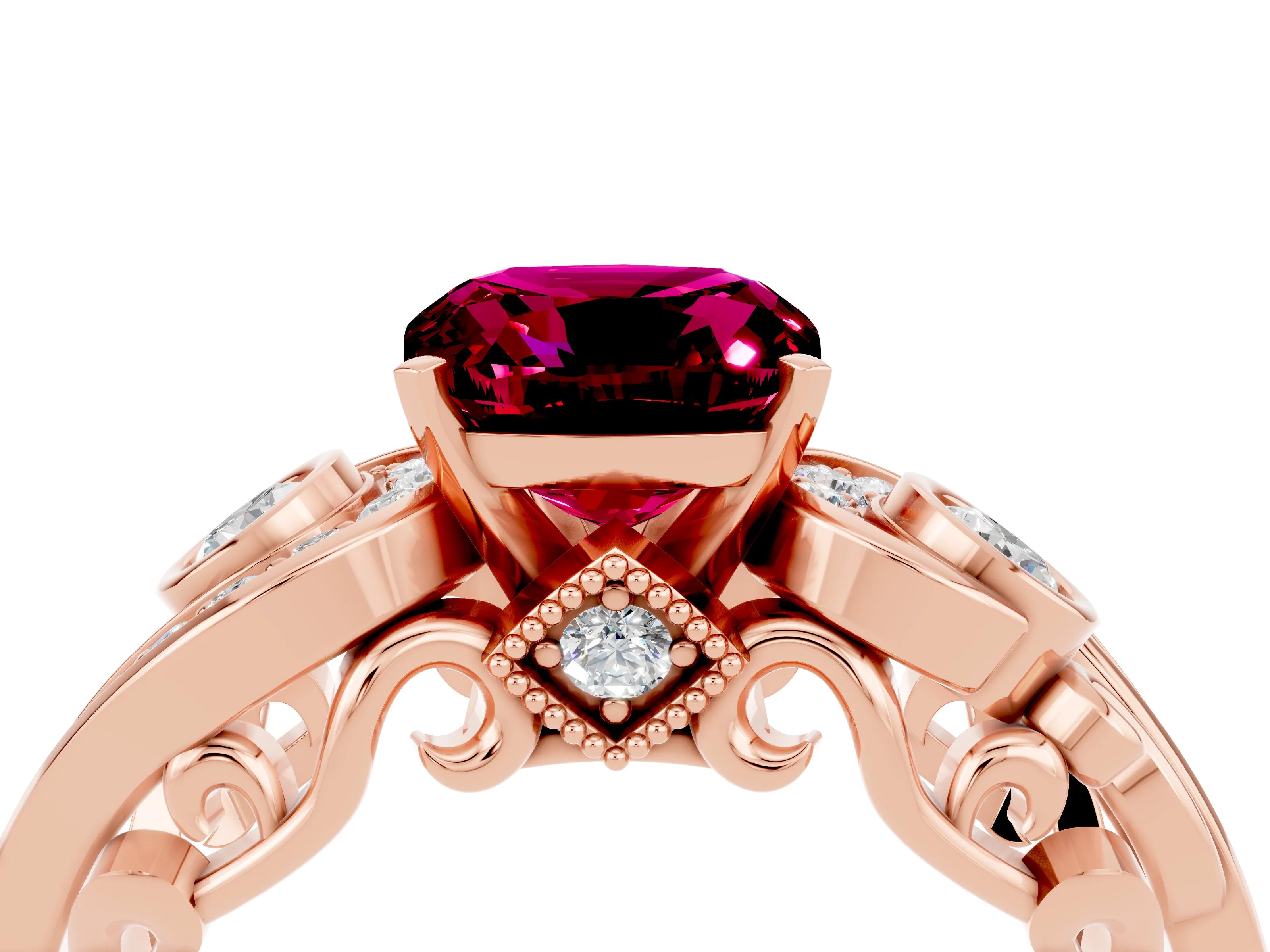 Rose gold Cushion Cut Garnet Solitaire Ring with Milgrain Pavé Band and Four-Prong Setting_28