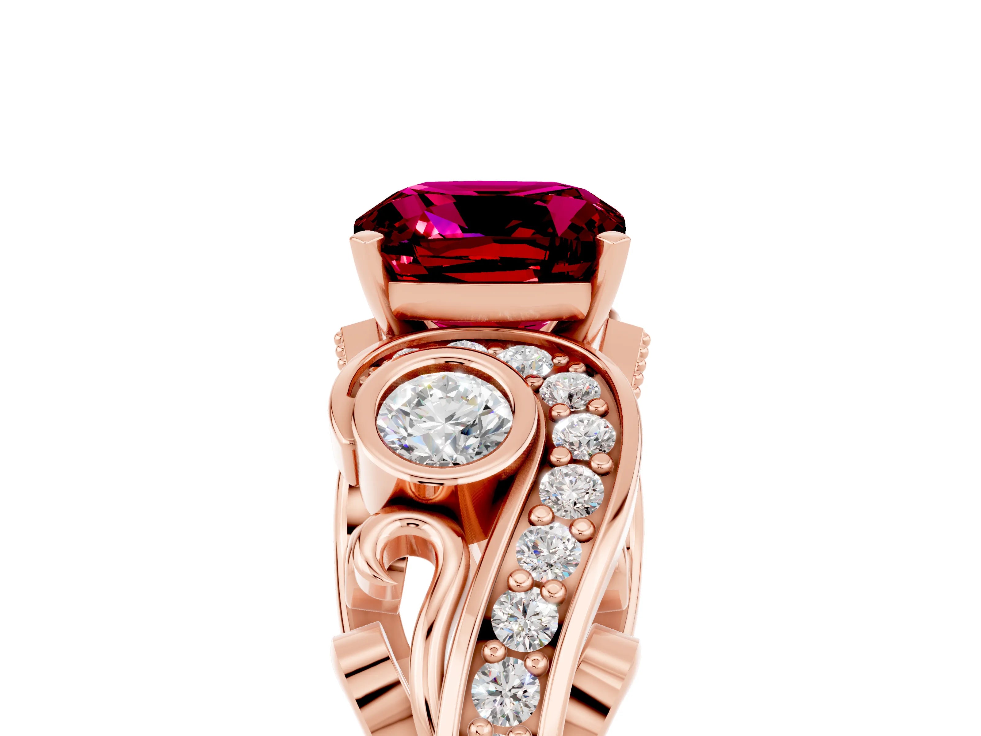 Rose gold Cushion Cut Garnet Solitaire Ring with Milgrain Pavé Band and Four-Prong Setting_29