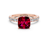 Rose gold Cushion Cut Garnet Solitaire Ring with Pavé Accents and Four-Prong Setting
