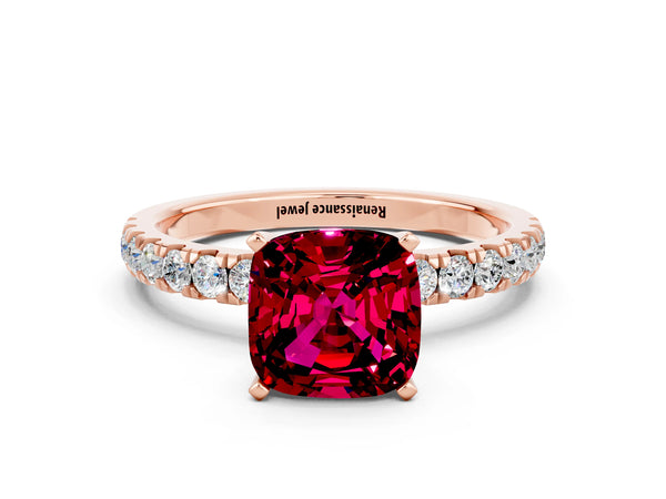 Rose gold Cushion Cut Garnet Solitaire Ring with Pavé Accents and Four-Prong Setting