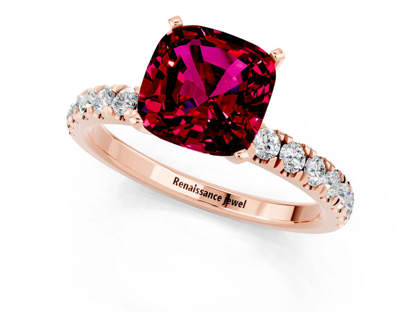 Rose gold Cushion Cut Garnet Solitaire Ring with Pavé Accents and Four-Prong Setting