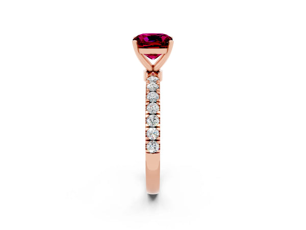 Rose gold Cushion Cut Garnet Solitaire Ring with Pavé Accents and Four-Prong Setting
