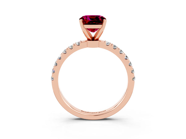 Rose gold Cushion Cut Garnet Solitaire Ring with Pavé Accents and Four-Prong Setting