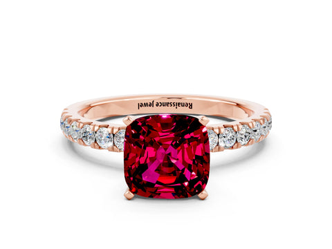 Rose gold Cushion Cut Garnet Solitaire Ring with Pavé Accents and Four-Prong Setting