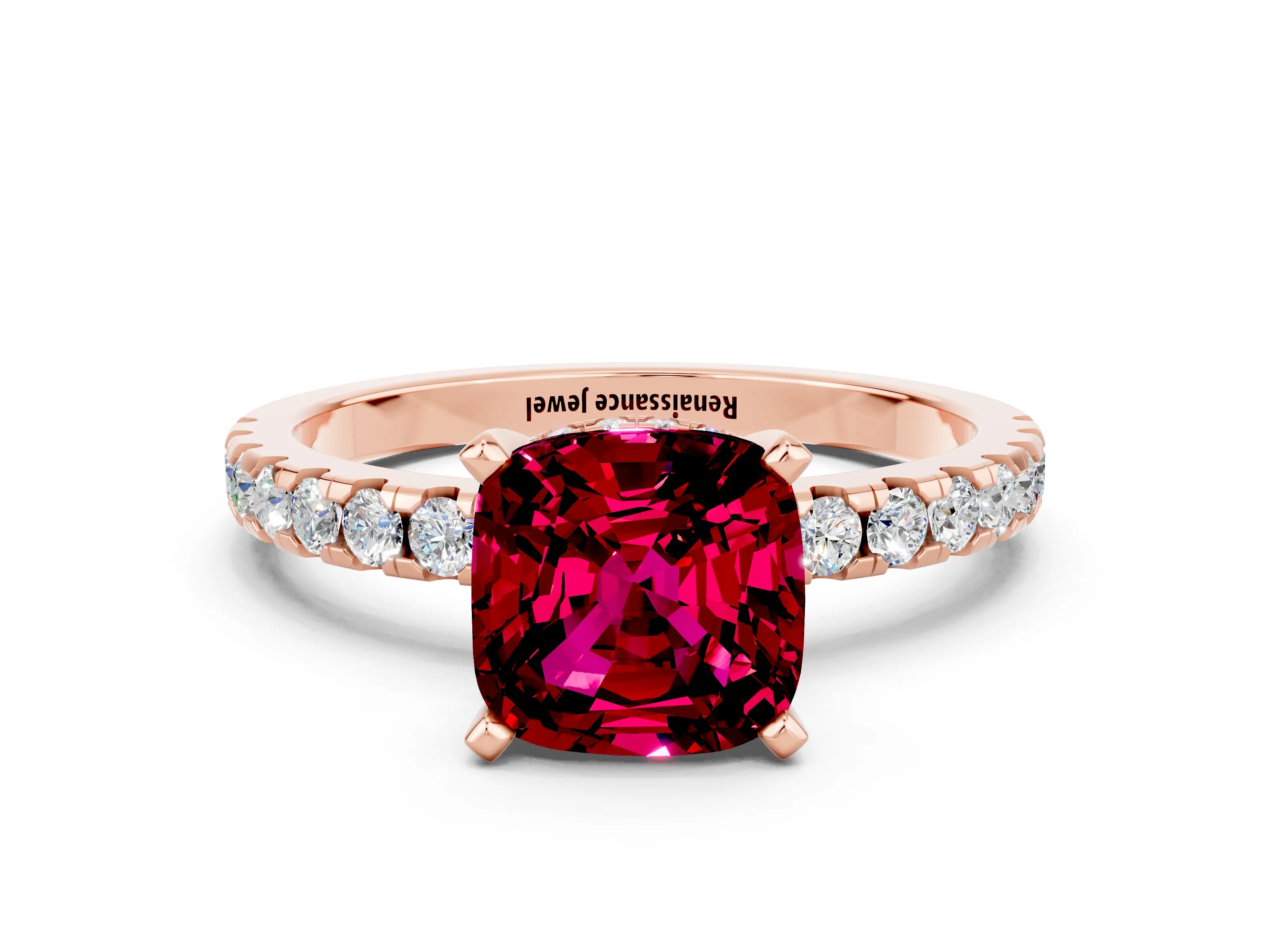 Rose gold Cushion Cut Garnet Solitaire Ring with Pavé Band and Four-Prong Setting_24