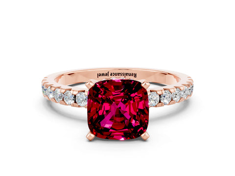 Rose gold Cushion Cut Garnet Solitaire Ring with Pavé Band and Four-Prong Setting_24