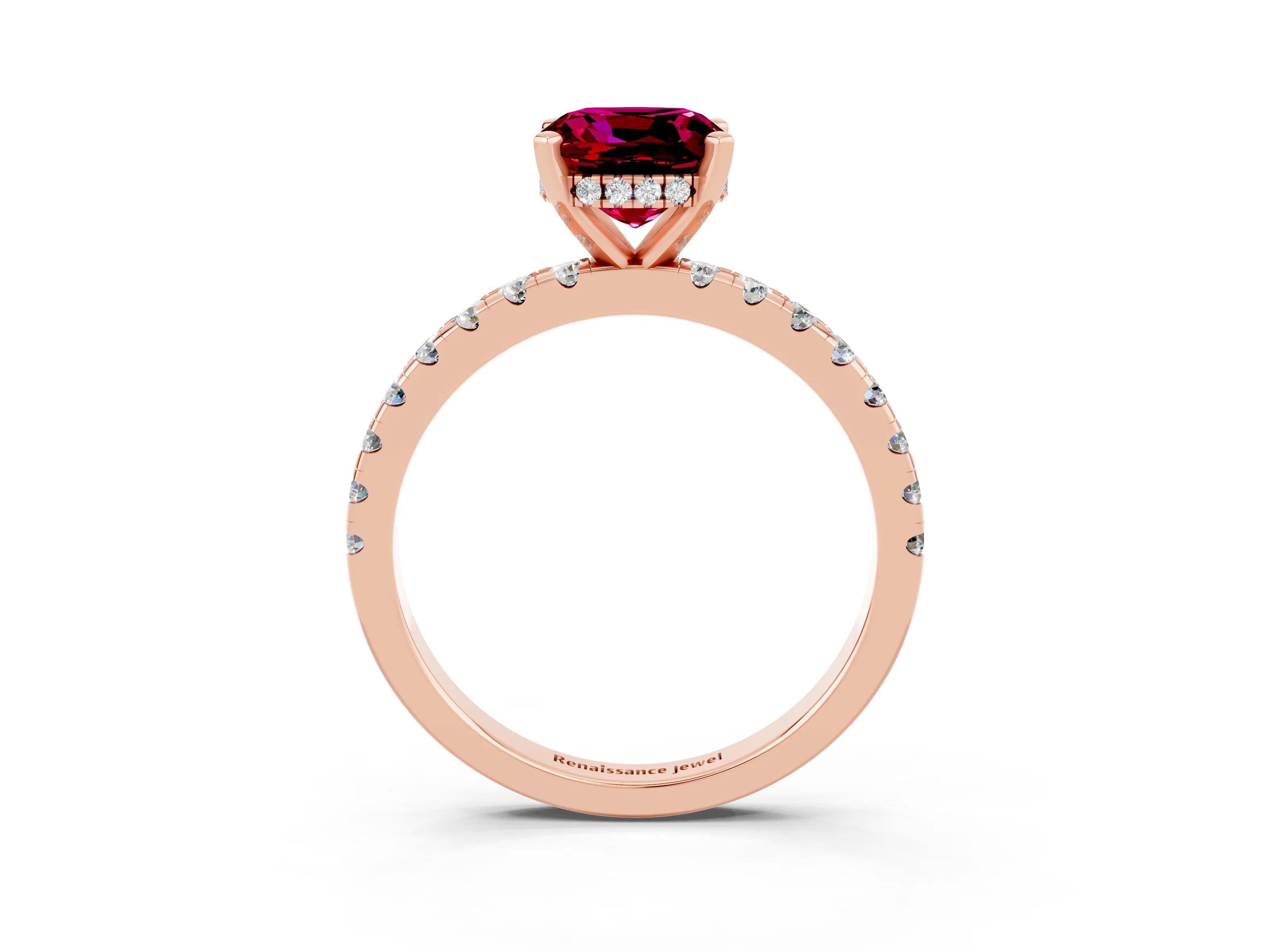 Rose gold Cushion Cut Garnet Solitaire Ring with Pavé Band and Four-Prong Setting_27