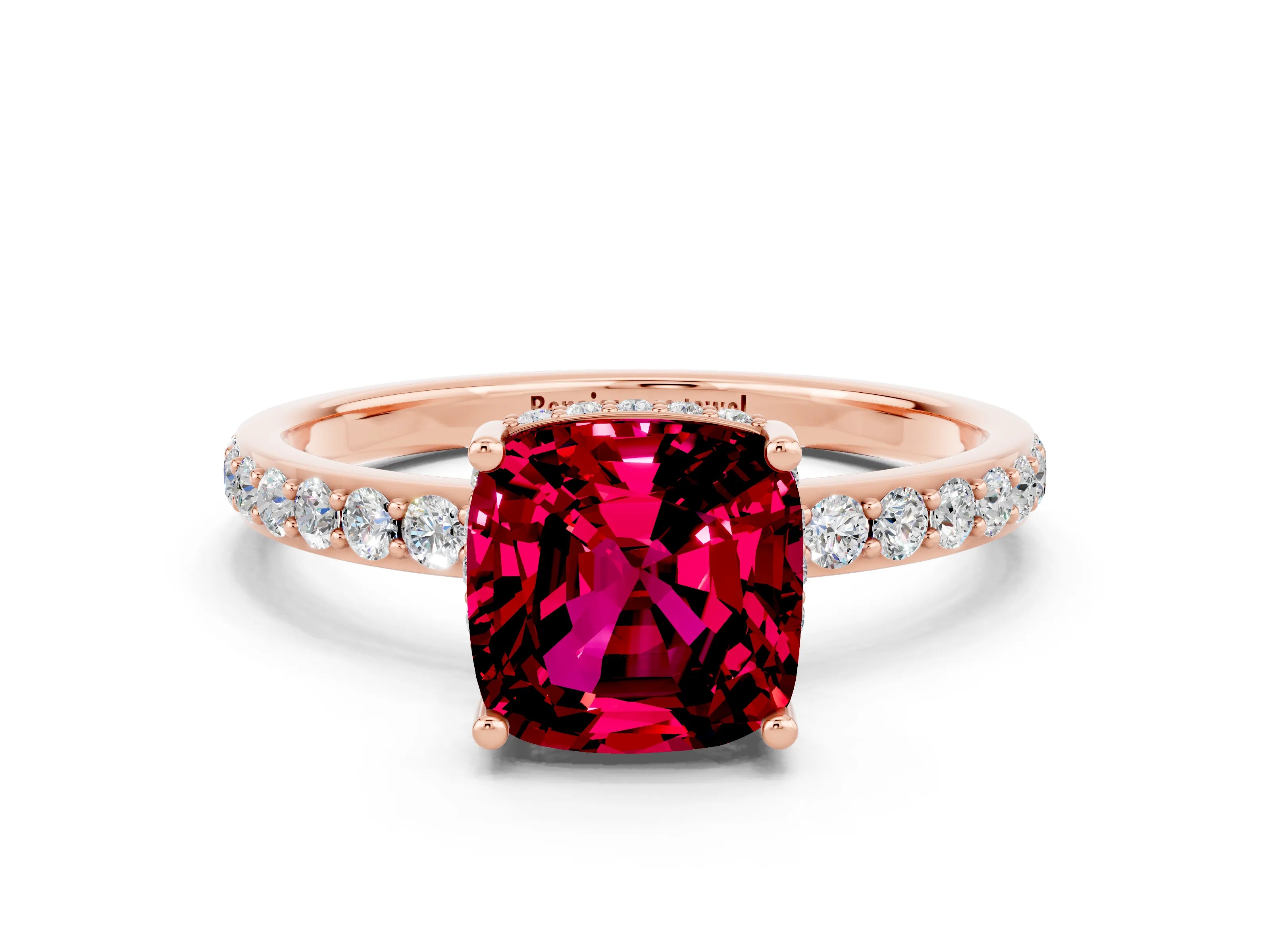 Rose gold Cushion Cut Garnet Solitaire Ring with Pavé Band and Hidden Halo_12