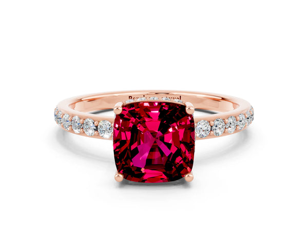 Rose gold Cushion Cut Garnet Solitaire Ring with Pavé Band and Hidden Halo