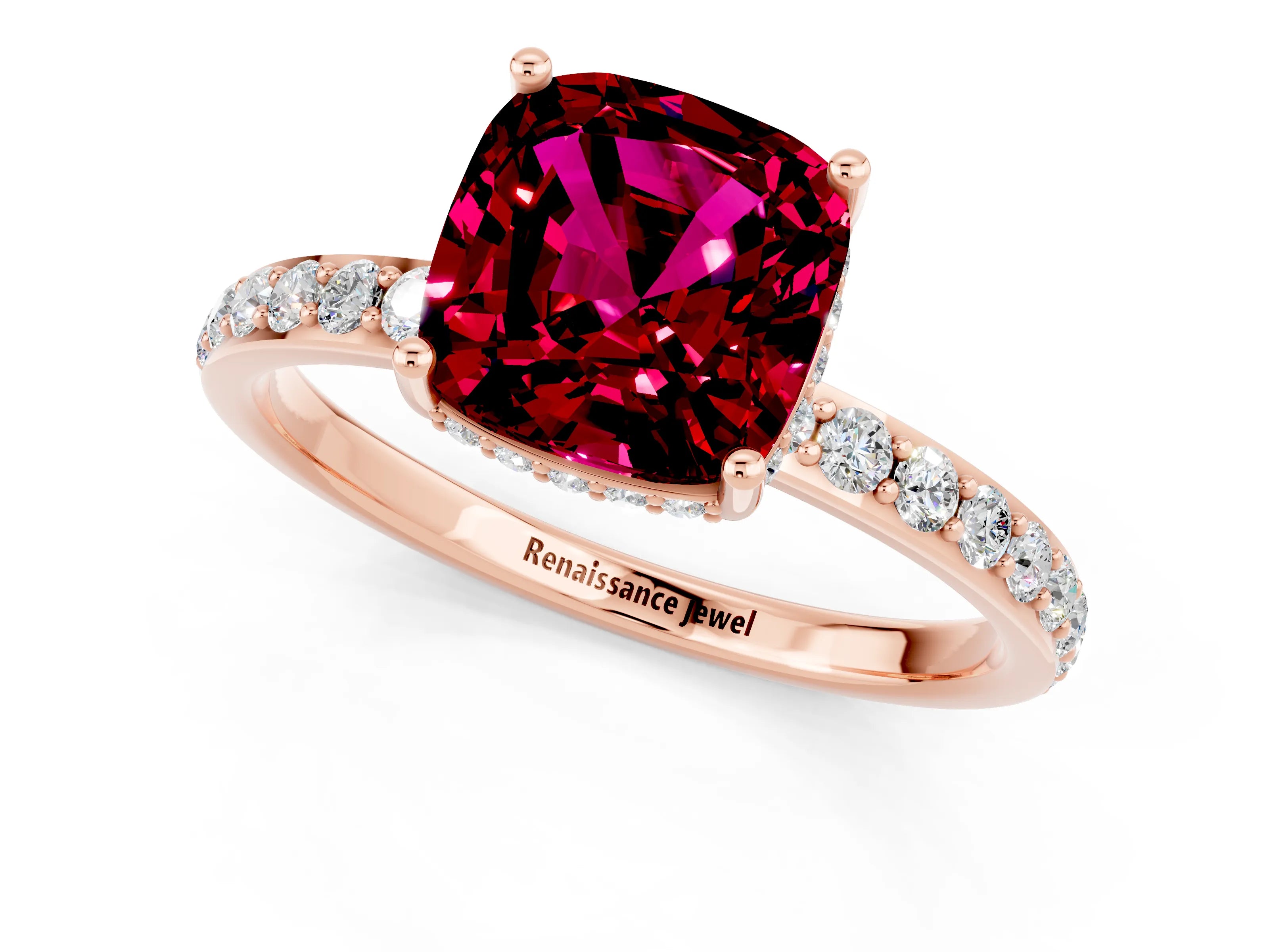 Rose gold Cushion Cut Garnet Solitaire Ring with Pavé Band and Hidden Halo_13