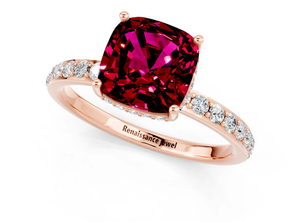 Rose gold Cushion Cut Garnet Solitaire Ring with Pavé Band and Hidden Halo