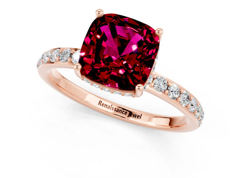 Rose gold Cushion Cut Garnet Solitaire Ring with Pavé Band and Hidden Halo_13